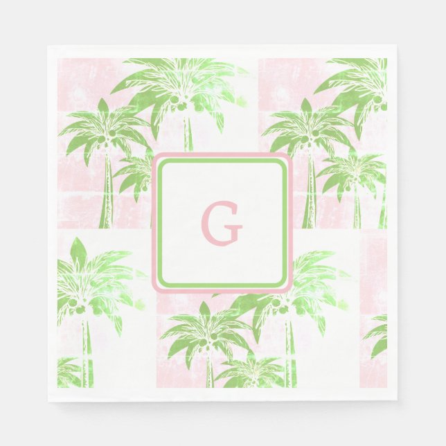 Serviette En Papier Pink Green Palm Tree Preppy Ombre Carré Monogramme (Devant)