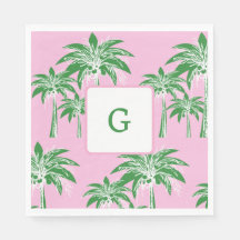 Pink Green Palm Tree Preppy Summer Beach Monogramm