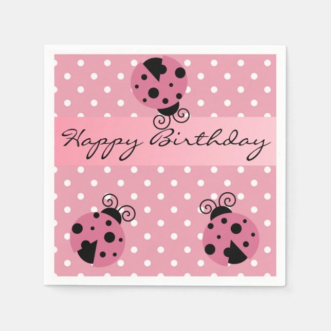 Serviette En Papier Pink Ladybug et Pois joyeuses serviettes d'anniver (Devant)