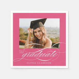 Serviette En Papier Pink Modern Élégant Script Photo Graduation Party