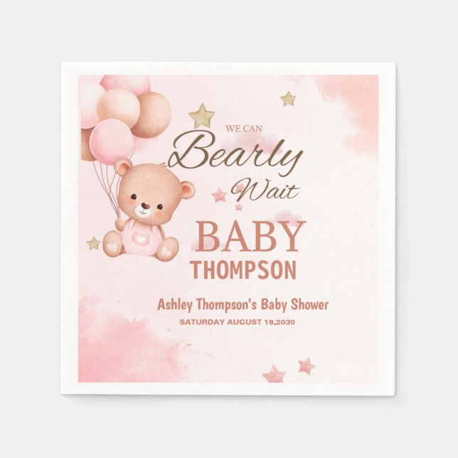 Serviette En Papier Pink On Peut Bearly Wait Baby shower Papier Napkin (Devant)