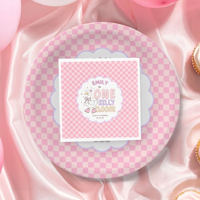 Serviette En Papier Pink One Silly Goose - Retro Girl First Birthday (Pink One Silly Goose - Retro Girl First Birthday Party Napkins. Pink Checkered Silly Goose.)