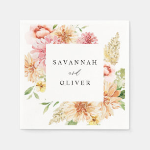 Serviette En Papier Pink & Peach Floral & Green Name Napkins