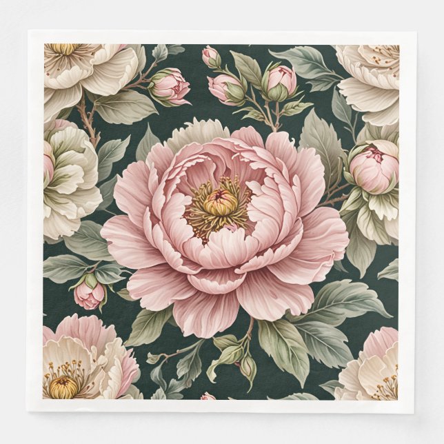 Serviette En Papier  Pink Peony With Buds And Foliage Artistic Floral (Devant)
