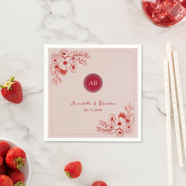 Serviette En Papier Pink Red Floral Monogram Wedding (En situation)