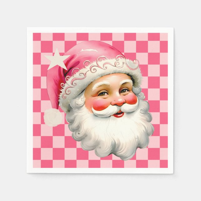 Serviette En Papier Pink Retro Santa Claus Pink Tartan Plaid Noël (Devant)