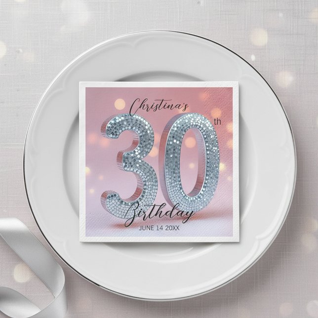 Serviette En Papier Pink & Rose Gold Disco Ball Sparkle 30e anniversai (Créateur téléchargé)