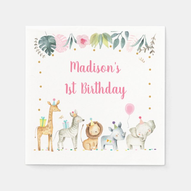 Serviette En Papier Pink Safari Jungle Animal Anniversaire (Devant)