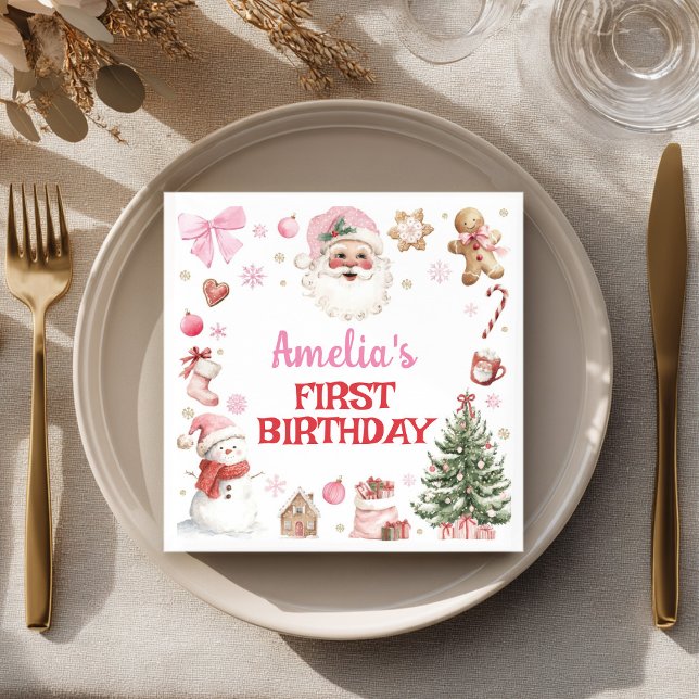Serviette En Papier Pink Santa Retro Winter Christmas Birthday (Créateur téléchargé)
