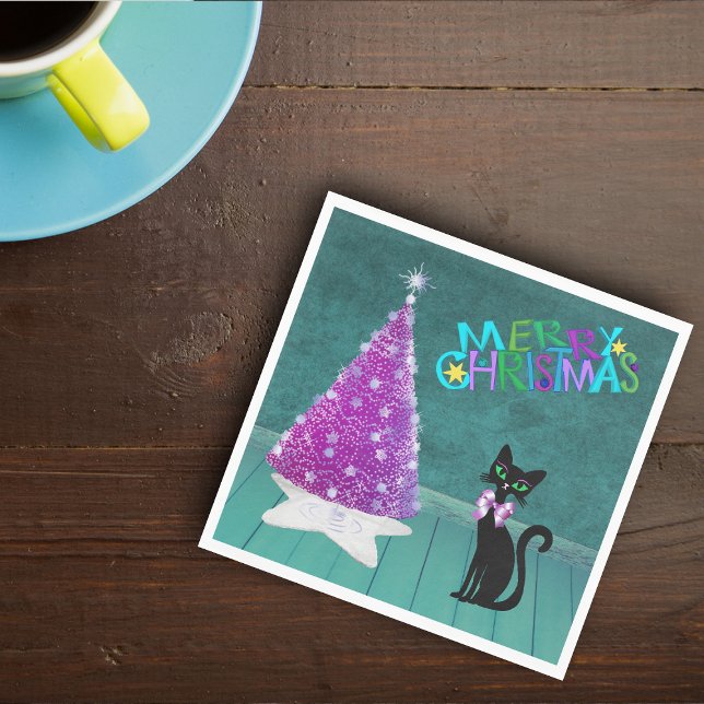 Serviette En Papier Pink Silver Mid Century Chistmas Tree Cat Teal (Pink Silver Tree black cat with bow Teal room on Merry Christmas paper napkins.)