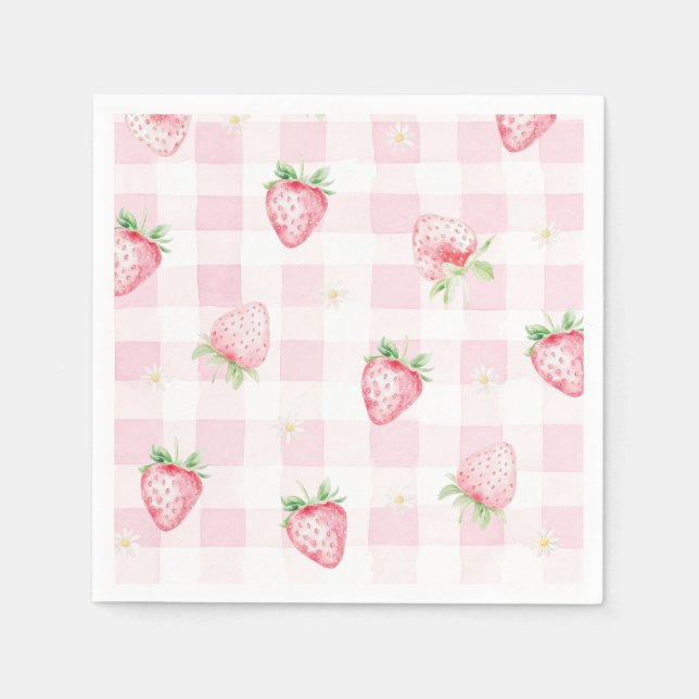 Serviette En Papier Pink Strawberries Gingham Berry First 1st Birthday (Devant)