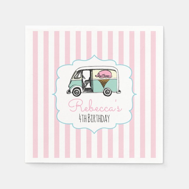 Serviette En Papier Pink Stripe Ice Cream Camion Papier d'anniversaire (Devant)