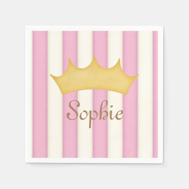 Serviette En Papier Pink Stripes Nom personnalisé Princess Crown (Devant)