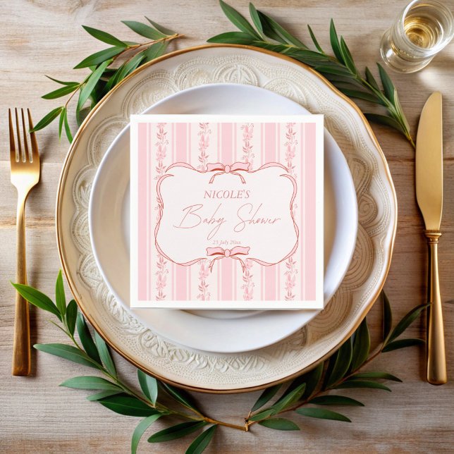 Serviette En Papier Pink stripes retro bow border elegant baby shower (Pink stripes retro bow wavy border elegant baby shower monogrammed napkins personalized table decor)