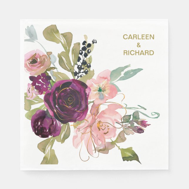 Serviette En Papier Pink Turquoise Bourgogne Floral Mariage (Devant)