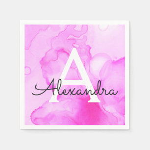 Serviette En Papier Pink Watercolor Splash Monogramme Nom et initiale
