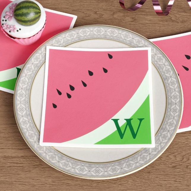Serviette En Papier Pink Watermelon Monogram Summer Party Napkins (Spice up your summer soirées with these adorable Pink Watermelon Monogram Party Napkins)