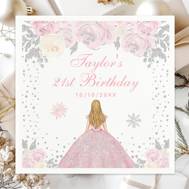 Serviette En Papier Pink Winter Blonde Hair Princesse Anniversaire (Créateur téléchargé)
