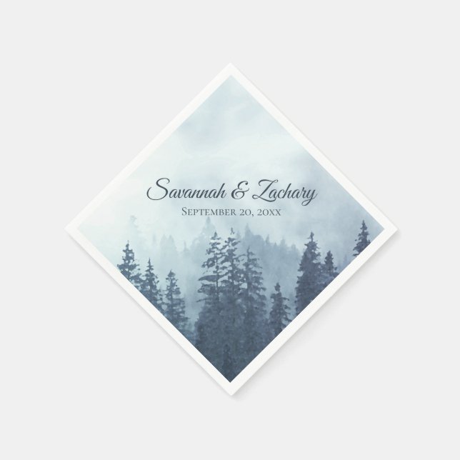 Serviette En Papier Pins bleus foncés, Mariage rustique Aquarelle (Coin)