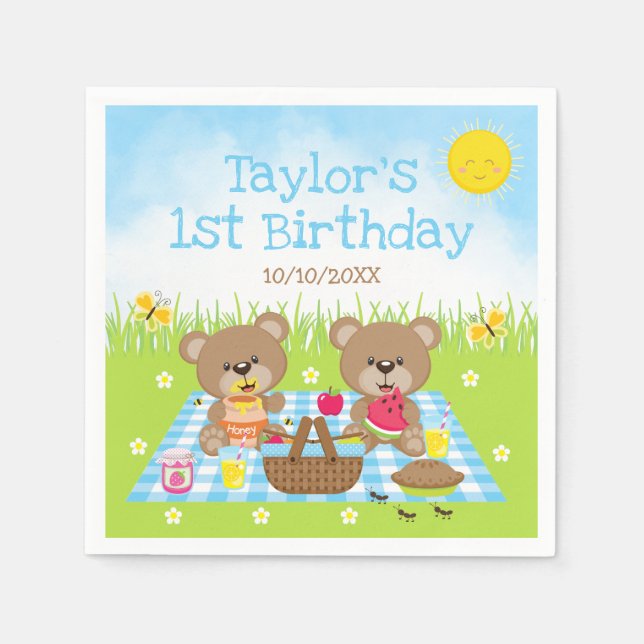 Serviette En Papier Pique-nique nounours En vichy fête d'anniversaire (Devant)