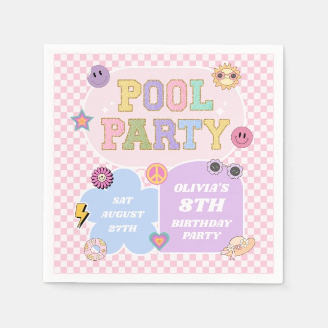 Serviette En Papier Piscine Party Preppy Varsity Patch Anniversaire (Devant)