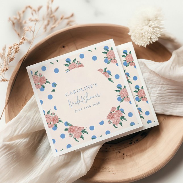 Serviette En Papier Pivoine Rétro Floral Points Bleus Mariage Sur Mesu (Créateur téléchargé)