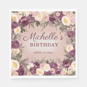 Serviette En Papier Pivoines Florales Vintage Rose Violet Joyeux Anniv