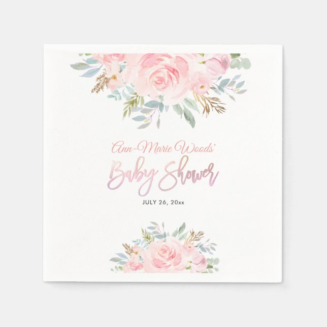 Serviette En Papier PixDezines Aquarelle Rose Roses Baby shower Invit (Devant)