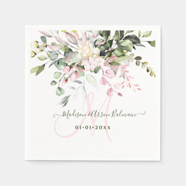 Serviette En Papier PixDezines Blush Pink Gum Eucalyptus Monogramme (Devant)