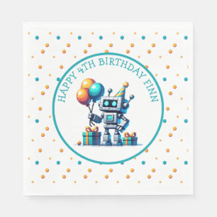 Serviette En Papier Pixel Art Robot en Orange et Turquoise anniversair