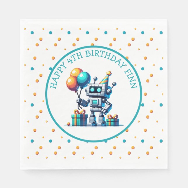 Serviette En Papier Pixel Art Robot en Orange et Turquoise anniversair (Devant)