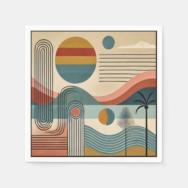 Serviette En Papier Plage d'art moderne du milieu du siècle Sunrise (Devant)