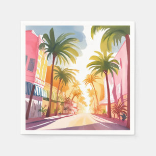 Serviette En Papier Plage de Miami   Peinture aquarelle colorée vive