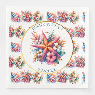 Serviette En Papier Plage des coquilles côtières roses, bleues et doré