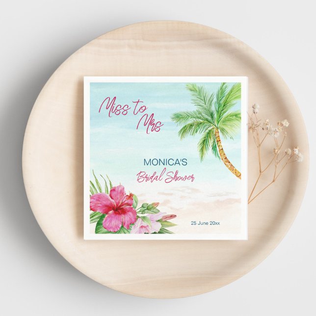 Serviette En Papier Plage d'été pluie tropicale imprimé (Summer beach tropical bridal shower printed napkins personalized tableware pink hibiscus palm tree)