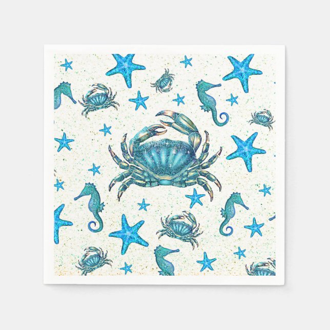 Serviette En Papier Plage moderne Crabe bleu Starfish Sehorse Party (Devant)