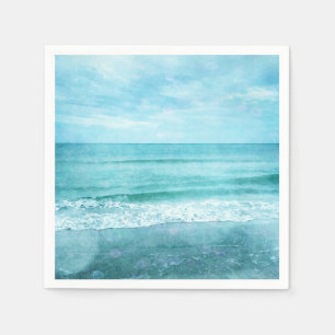 Serviette En Papier Plage Retro - Océan côtier Aquarelle bleu Turquois