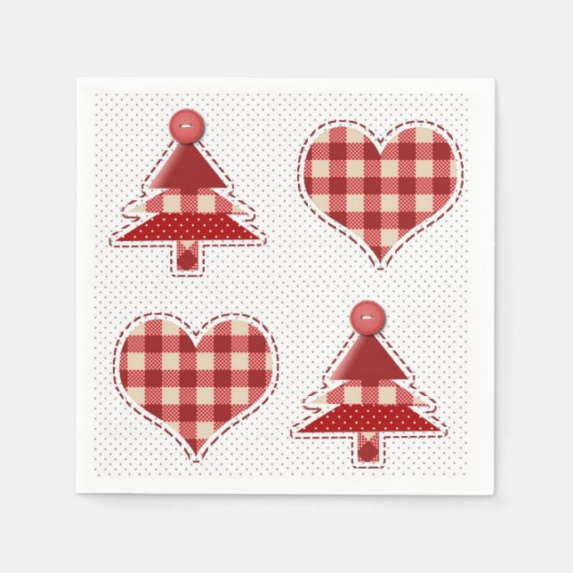 Serviette En Papier Plaid Red Christmas Trees and Hearts Motif (Devant)