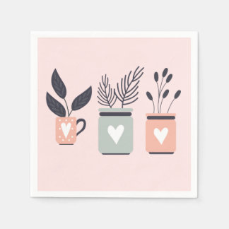 Serviette En Papier Plantes de pot moderne rose et gris pastel