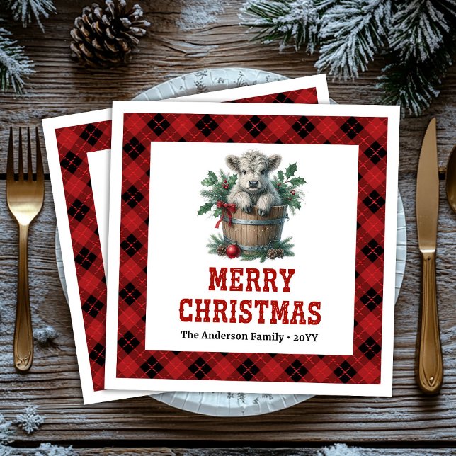 Serviette En Papier Playful highland cow red black tartan napkins (Playful highland cow red black tartan napkin)