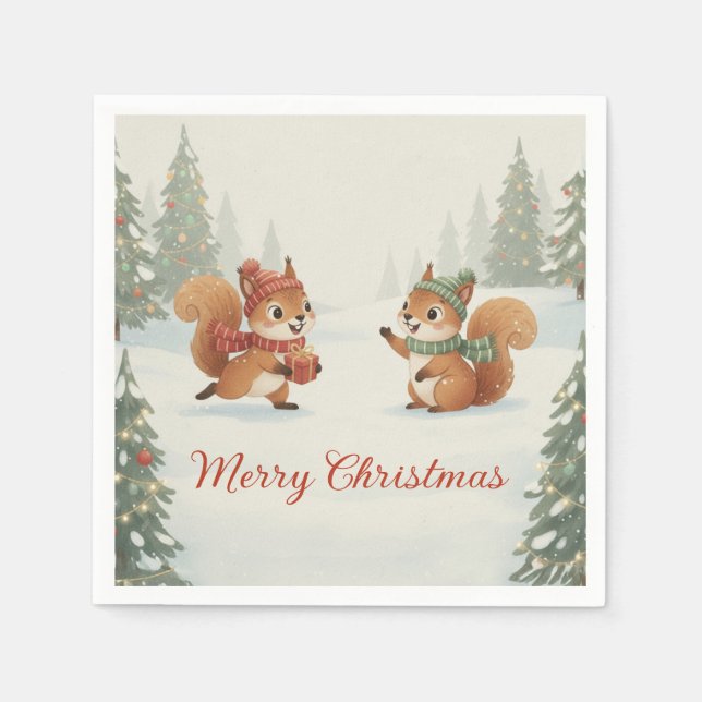 Serviette En Papier Playful Squirrels in Christmas Winter Forest (Devant)