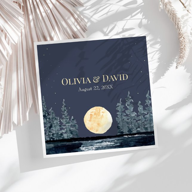 Serviette En Papier Pleine lune et lac Mariage Napkins (Full Moon Forest and Lake Wedding Napkins on a sunny white table)
