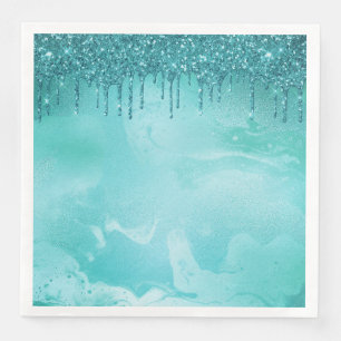 Serviette En Papier Pluie de Parties scintillant turquoise sur marbre