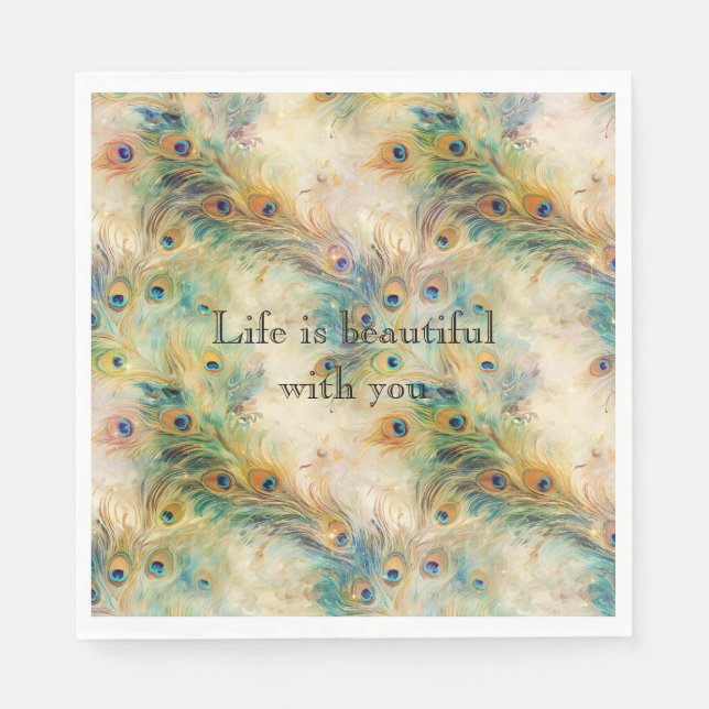 Serviette En Papier Plumes Aqua Green Gold Peacock (Devant)