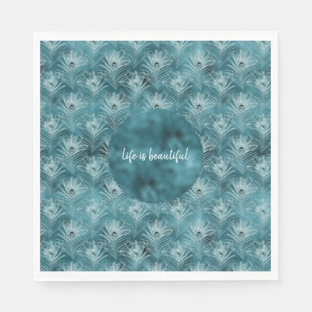 Serviette En Papier Plumes de paon glam turquoise brillant (Devant)