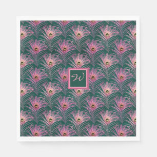 Serviette En Papier Plumes de paon rose et Monogramme sur Deep Green