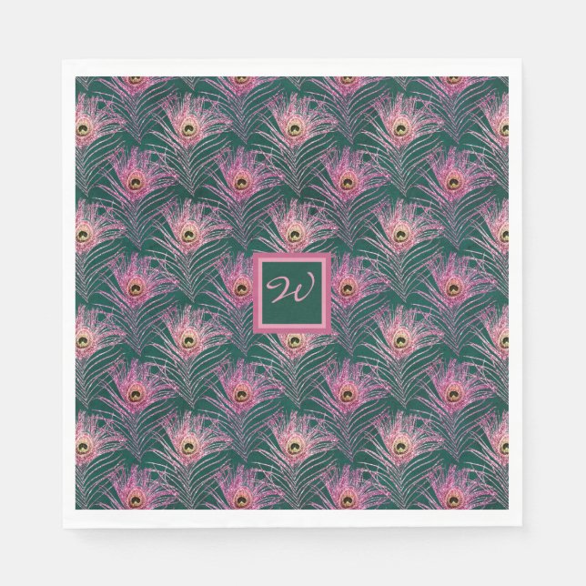 Serviette En Papier Plumes de paon rose et Monogramme sur Deep Green (Devant)
