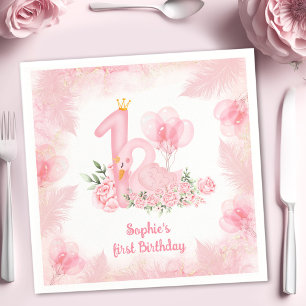 Serviette En Papier Plumes florales de cygne Rose Blanc fille 1er anni