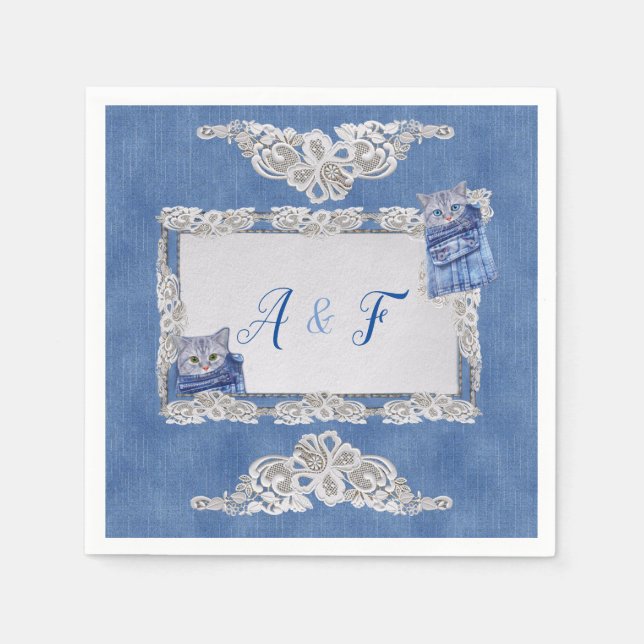 Serviette En Papier Poches de jeans en denim,Chatons et dentelle (Devant)