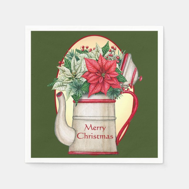 Serviette En Papier Poêle à thé à l'ancienne avec poinsettias Noël (Devant)